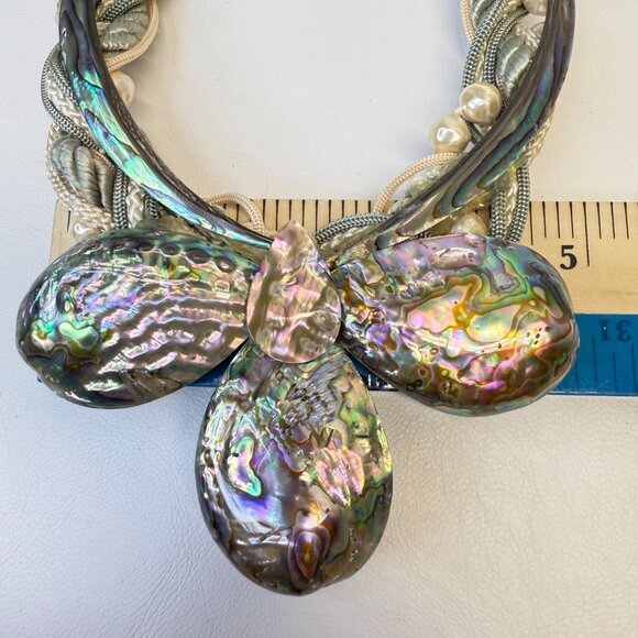 Abalone & Pearl‎ Corded Statement Necklace Natural Coastal Handmade Art to Wear - Picture 5 of 16